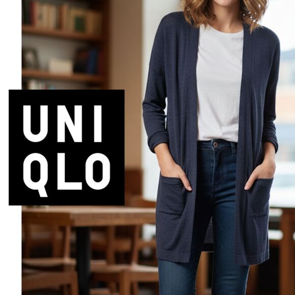 Uniqlo Duster Long Cardigan Women's Small Linen Lightweight Pockets Navy Blue - Picture 1 of 8
